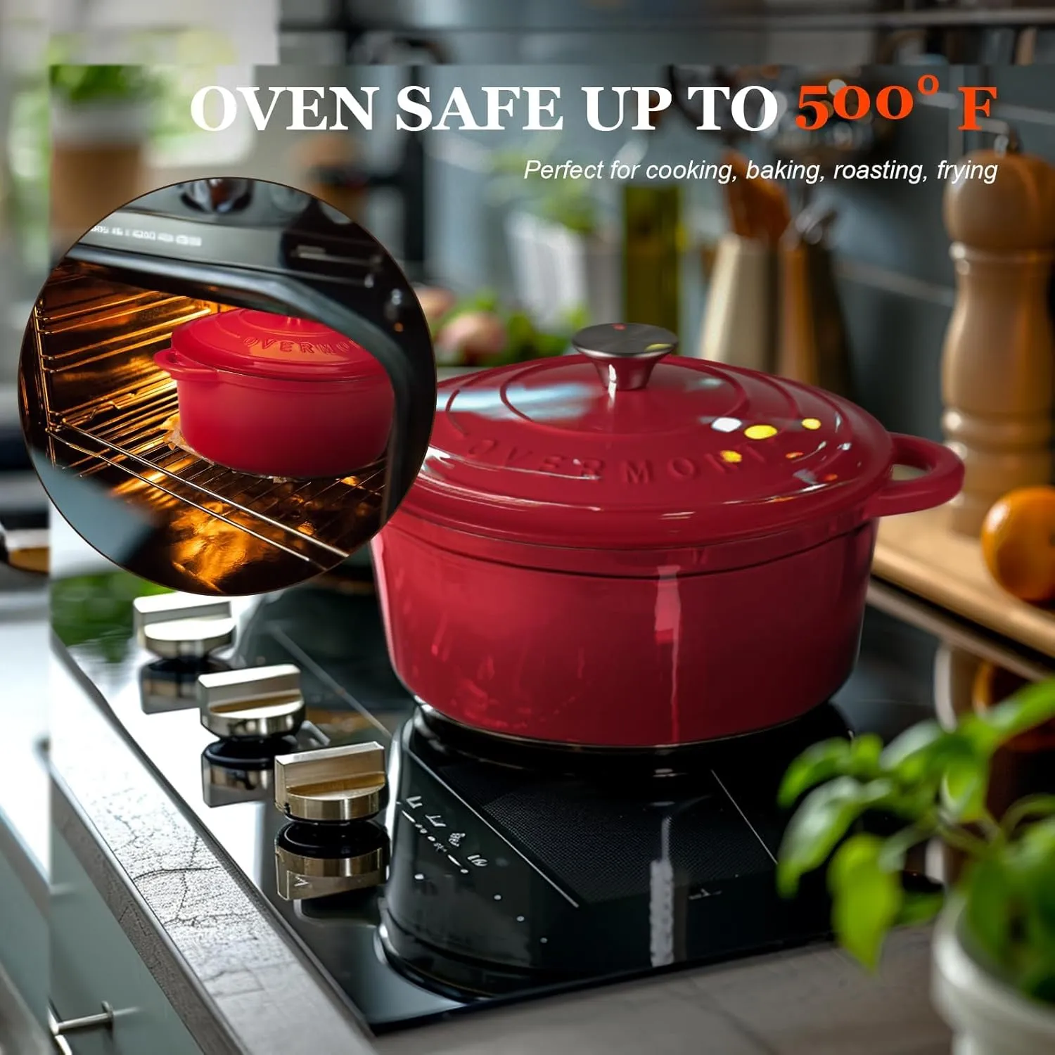Overmont Enameled Cast Iron Dutch Oven - 5.5QT Pot with Lid Cookbook & Cotton Potholders - Heavy-Duty Cookware for Braising, Stews, Roasting, Bread Baking red