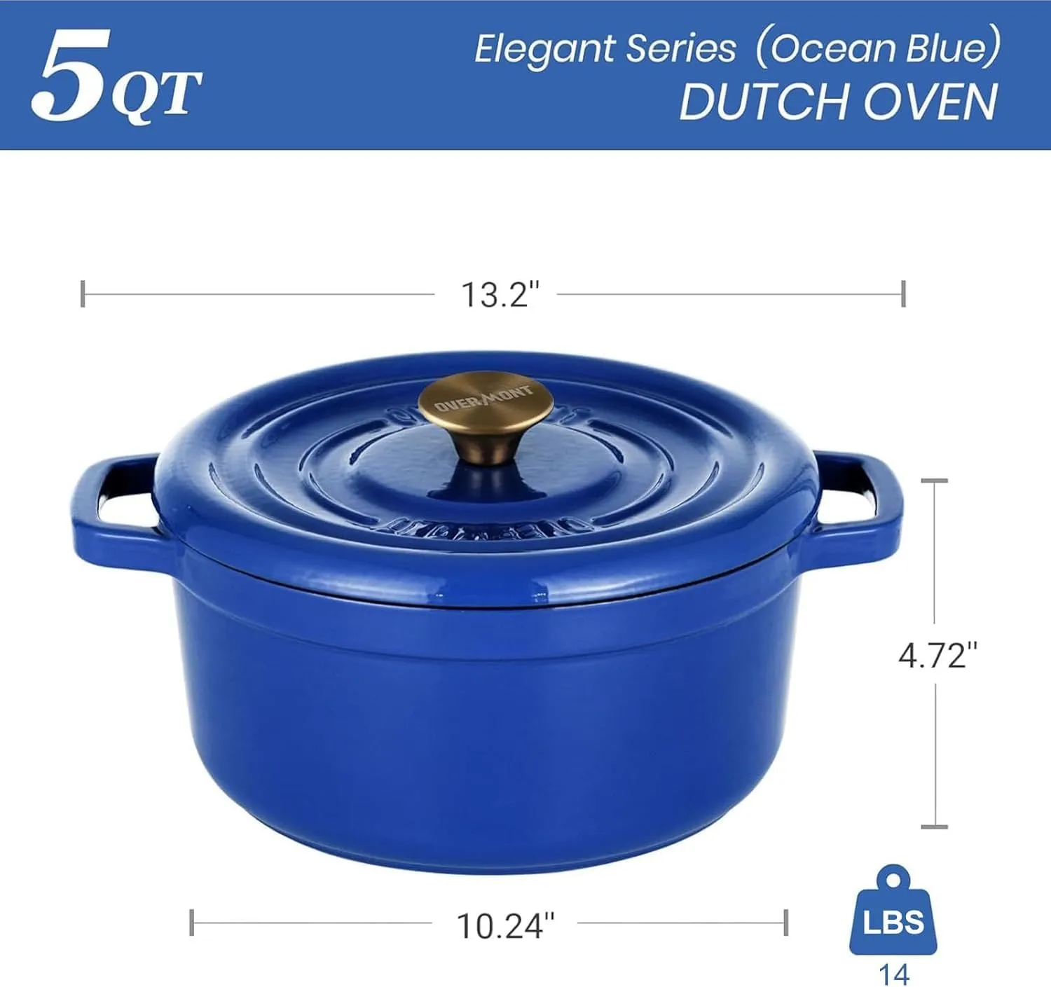 Overmont Enameled Cast Iron Dutch Oven - 5QT Pot with Lid Cookbook & Cotton Potholders - Heavy-Duty Cookware for Braising, Stews, Roasting, Bread Baking blue