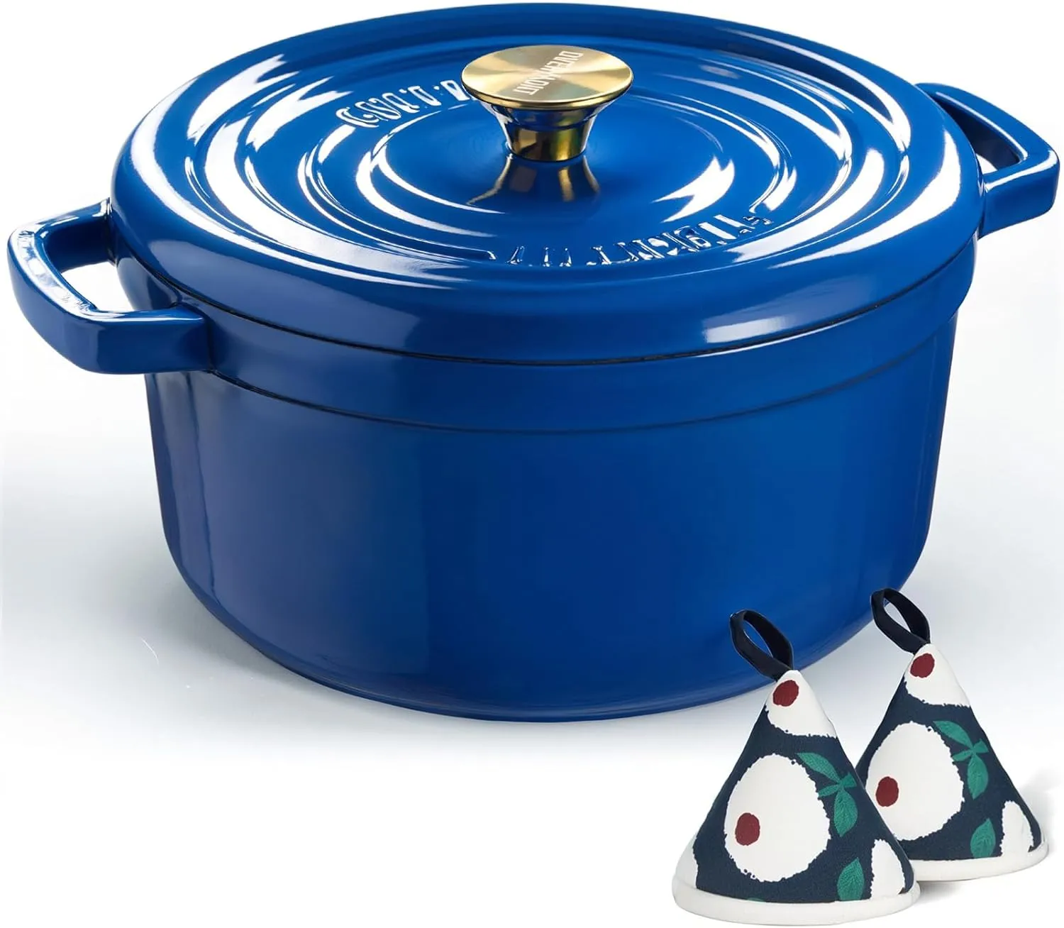 Overmont Enameled Cast Iron Dutch Oven - 5QT Pot with Lid Cookbook & Cotton Potholders - Heavy-Duty Cookware for Braising, Stews, Roasting, Bread Baking blue