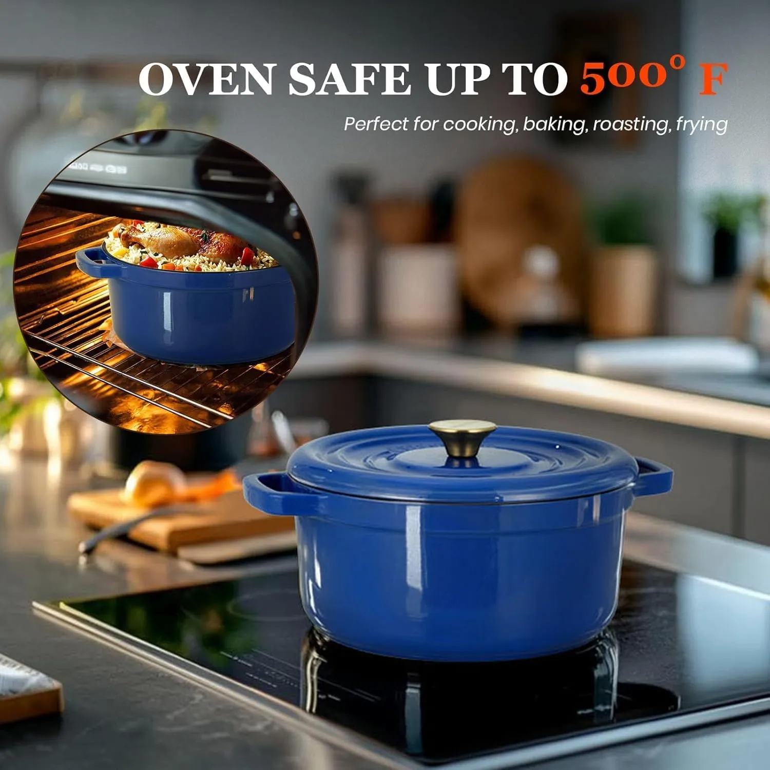 Overmont Enameled Cast Iron Dutch Oven - 5QT Pot with Lid Cookbook & Cotton Potholders - Heavy-Duty Cookware for Braising, Stews, Roasting, Bread Baking blue