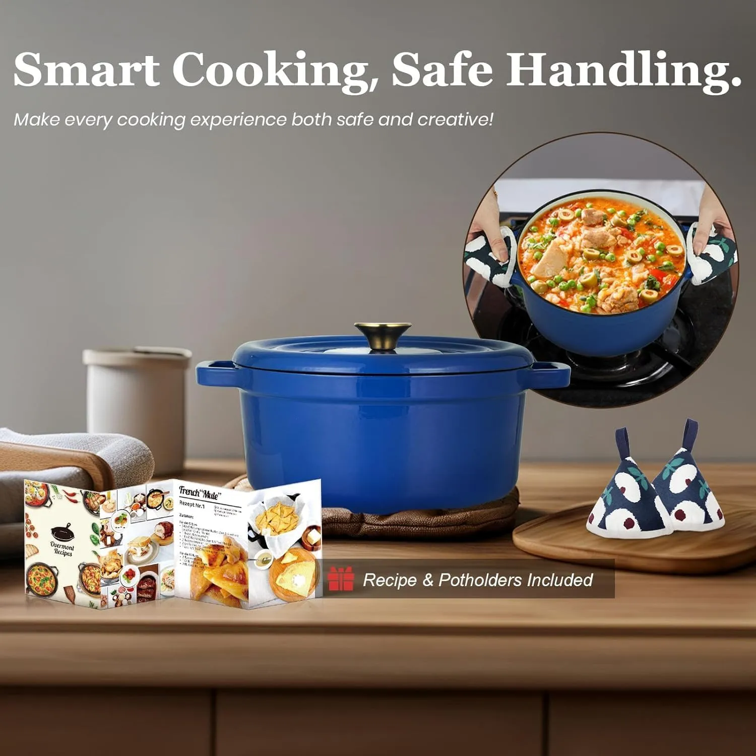 Overmont Enameled Cast Iron Dutch Oven - 5QT Pot with Lid Cookbook & Cotton Potholders - Heavy-Duty Cookware for Braising, Stews, Roasting, Bread Baking blue