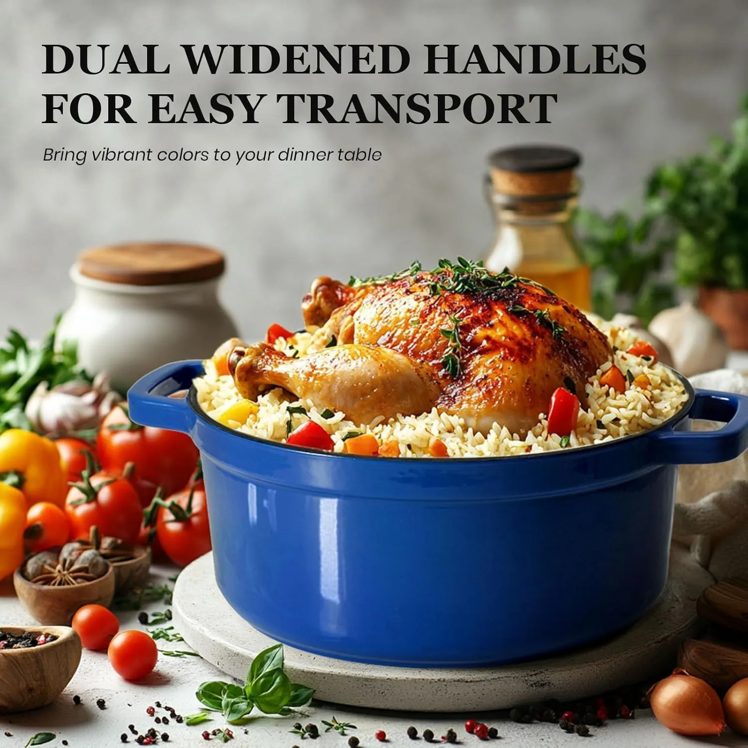 Overmont Enameled Cast Iron Dutch Oven - 5QT Pot with Lid Cookbook & Cotton Potholders - Heavy-Duty Cookware for Braising, Stews, Roasting, Bread Baking blue