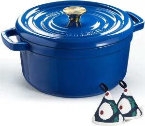 Overmont Enameled Cast Iron Dutch Oven - 5QT Pot with Lid Cookbook & Cotton Potholders - Heavy-Duty Cookware for Braising, Stews, Roasting, Bread Baking blue