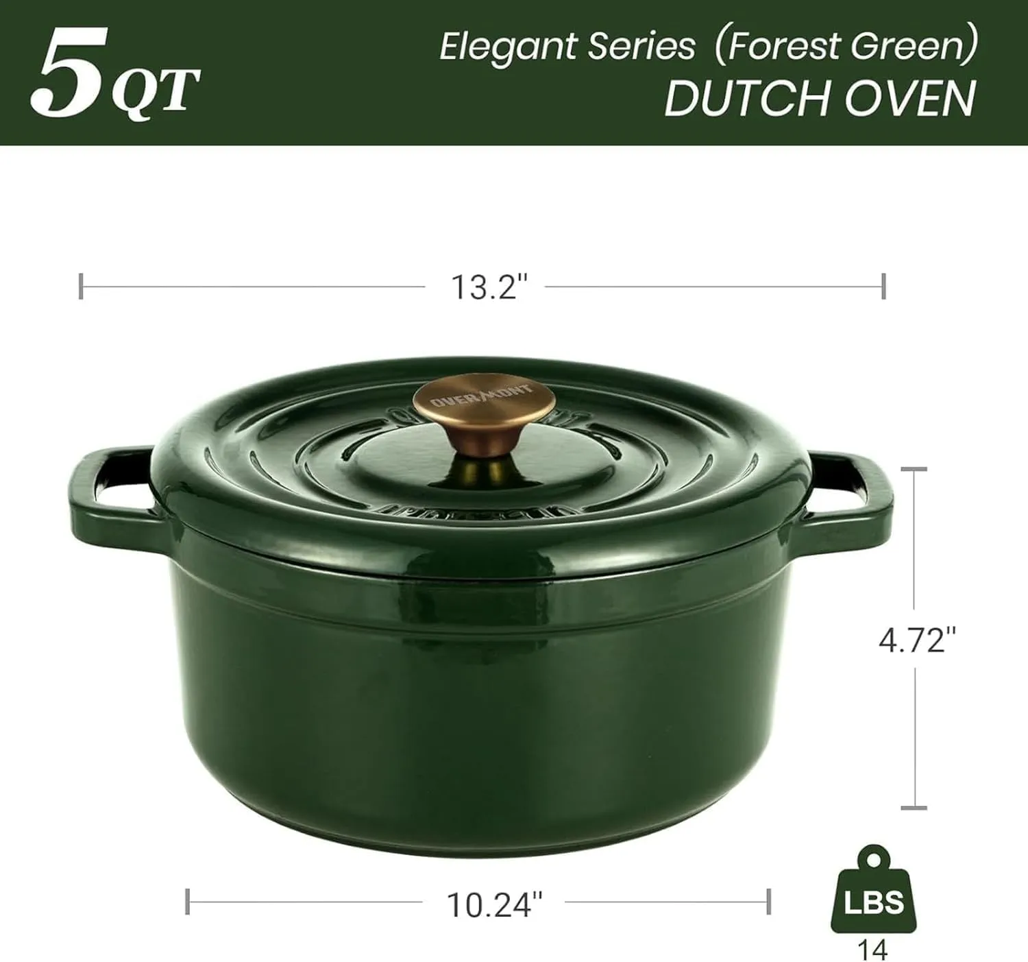 Overmont Enameled Cast Iron Dutch Oven - 5QT Pot with Lid Cookbook & Cotton Potholders - Heavy-Duty Cookware for Braising, Stews, Roasting, Bread Baking moss