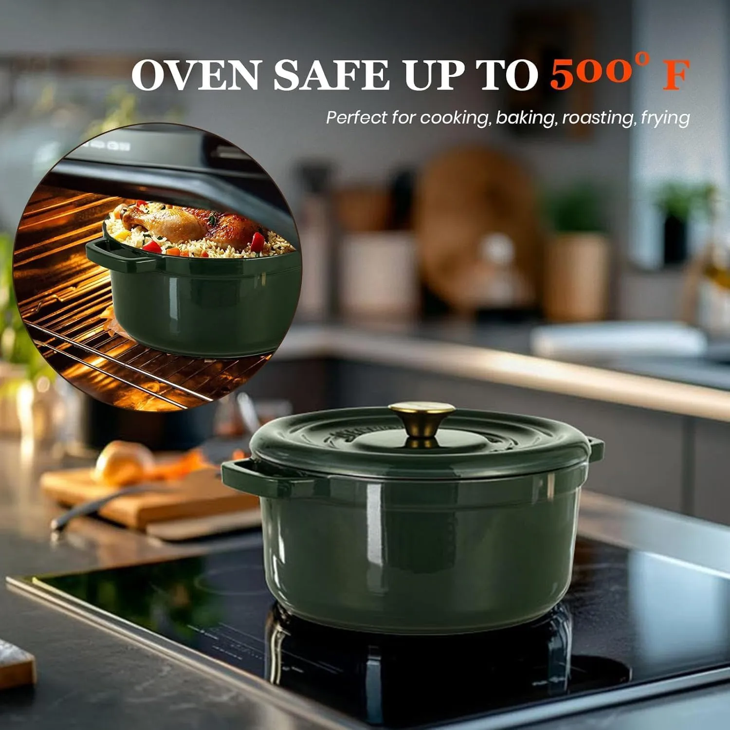 Overmont Enameled Cast Iron Dutch Oven - 5QT Pot with Lid Cookbook & Cotton Potholders - Heavy-Duty Cookware for Braising, Stews, Roasting, Bread Baking moss