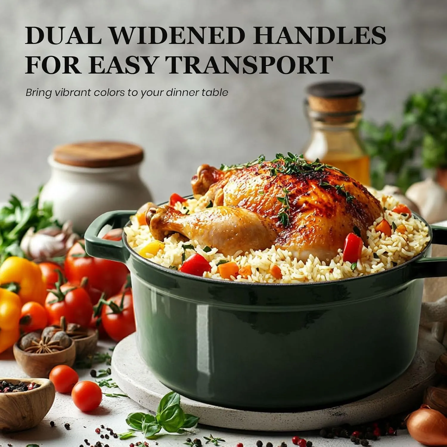 Overmont Enameled Cast Iron Dutch Oven - 5QT Pot with Lid Cookbook & Cotton Potholders - Heavy-Duty Cookware for Braising, Stews, Roasting, Bread Baking moss