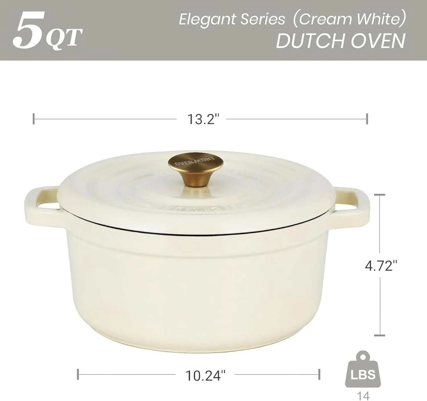 Overmont Enameled Cast Iron Dutch Oven - 5QT Pot with Lid Cookbook & Cotton Potholders - Heavy-Duty Cookware for Braising, Stews, Roasting, Bread Baking white