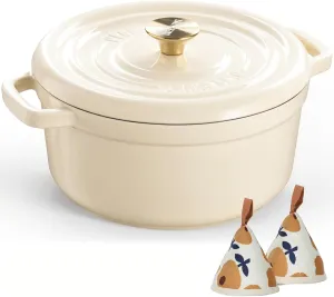 Overmont Enameled Cast Iron Dutch Oven - 5QT Pot with Lid Cookbook & Cotton Potholders - Heavy-Duty Cookware for Braising, Stews, Roasting, Bread Baking white