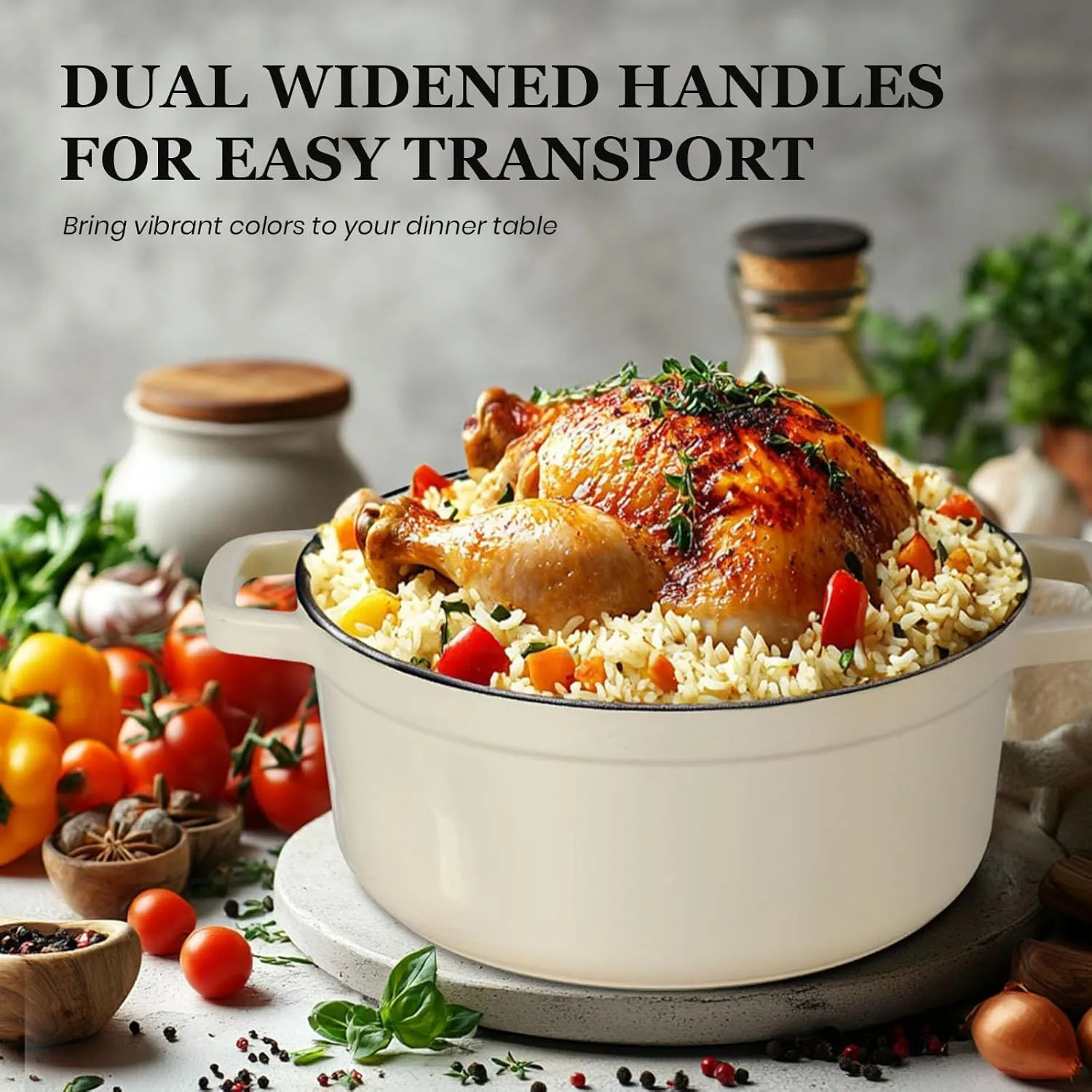 Overmont Enameled Cast Iron Dutch Oven - 5QT Pot with Lid Cookbook & Cotton Potholders - Heavy-Duty Cookware for Braising, Stews, Roasting, Bread Baking white