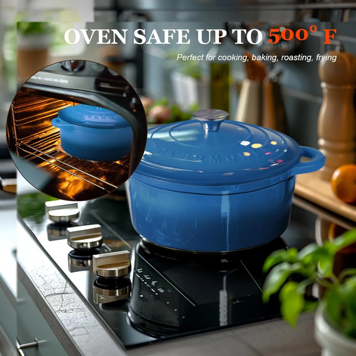 Overmont Enameled Cast Iron Dutch Oven - 7QT Pot with Lid Cookbook & Cotton Potholders - Heavy-Duty Cookware for Braising, Stews, Roasting, Bread Baking blue