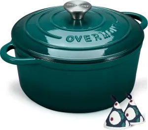 Overmont Enameled Cast Iron Dutch Oven - 7QT Pot with Lid Cookbook & Cotton Potholders - Heavy-Duty Cookware for Braising, Stews, Roasting, Bread Baking bottle green