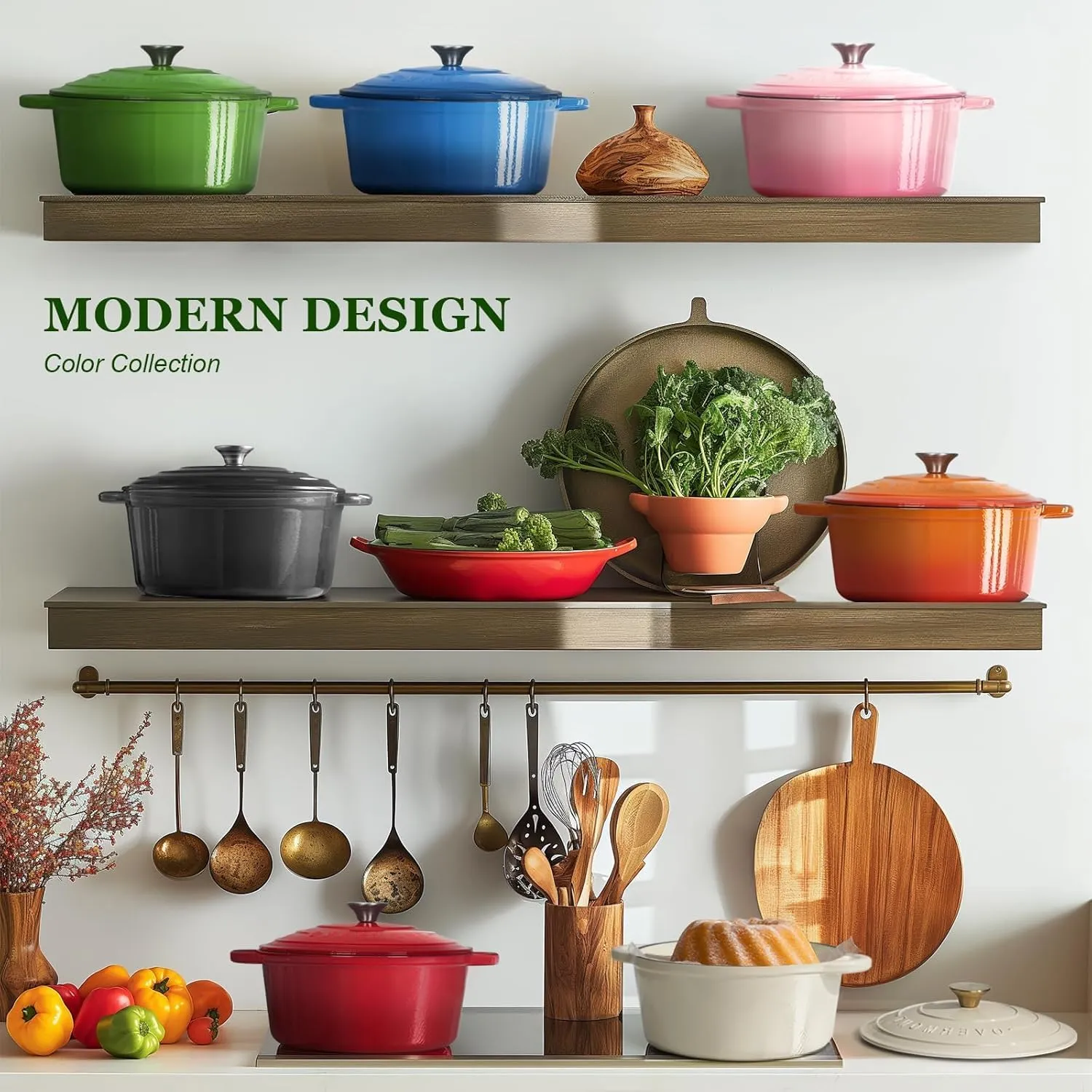 Overmont Enameled Cast Iron Dutch Oven - 7QT Pot with Lid Cookbook & Cotton Potholders - Heavy-Duty Cookware for Braising, Stews, Roasting, Bread Baking green