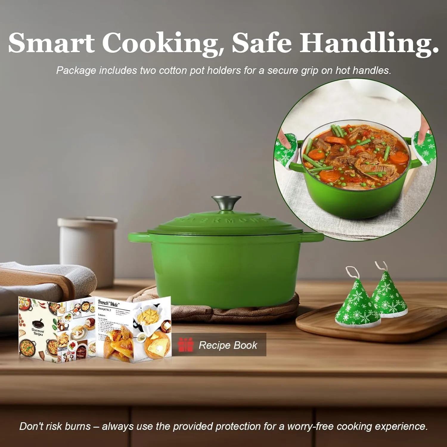 Overmont Enameled Cast Iron Dutch Oven - 7QT Pot with Lid Cookbook & Cotton Potholders - Heavy-Duty Cookware for Braising, Stews, Roasting, Bread Baking green