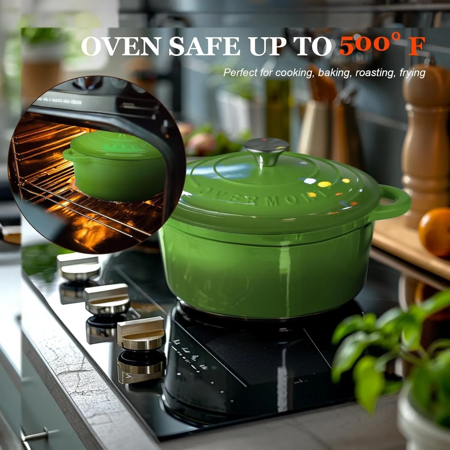 Overmont Enameled Cast Iron Dutch Oven - 7QT Pot with Lid Cookbook & Cotton Potholders - Heavy-Duty Cookware for Braising, Stews, Roasting, Bread Baking green