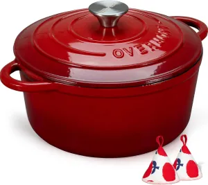 Overmont Enameled Cast Iron Dutch Oven - 7QT Pot with Lid Cookbook & Cotton Potholders - Heavy-Duty Cookware for Braising, Stews, Roasting, Bread Baking red