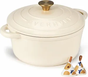 Overmont Enameled Cast Iron Dutch Oven - 7QT Pot with Lid Cookbook & Cotton Potholders - Heavy-Duty Cookware for Braising, Stews, Roasting, Bread Baking white