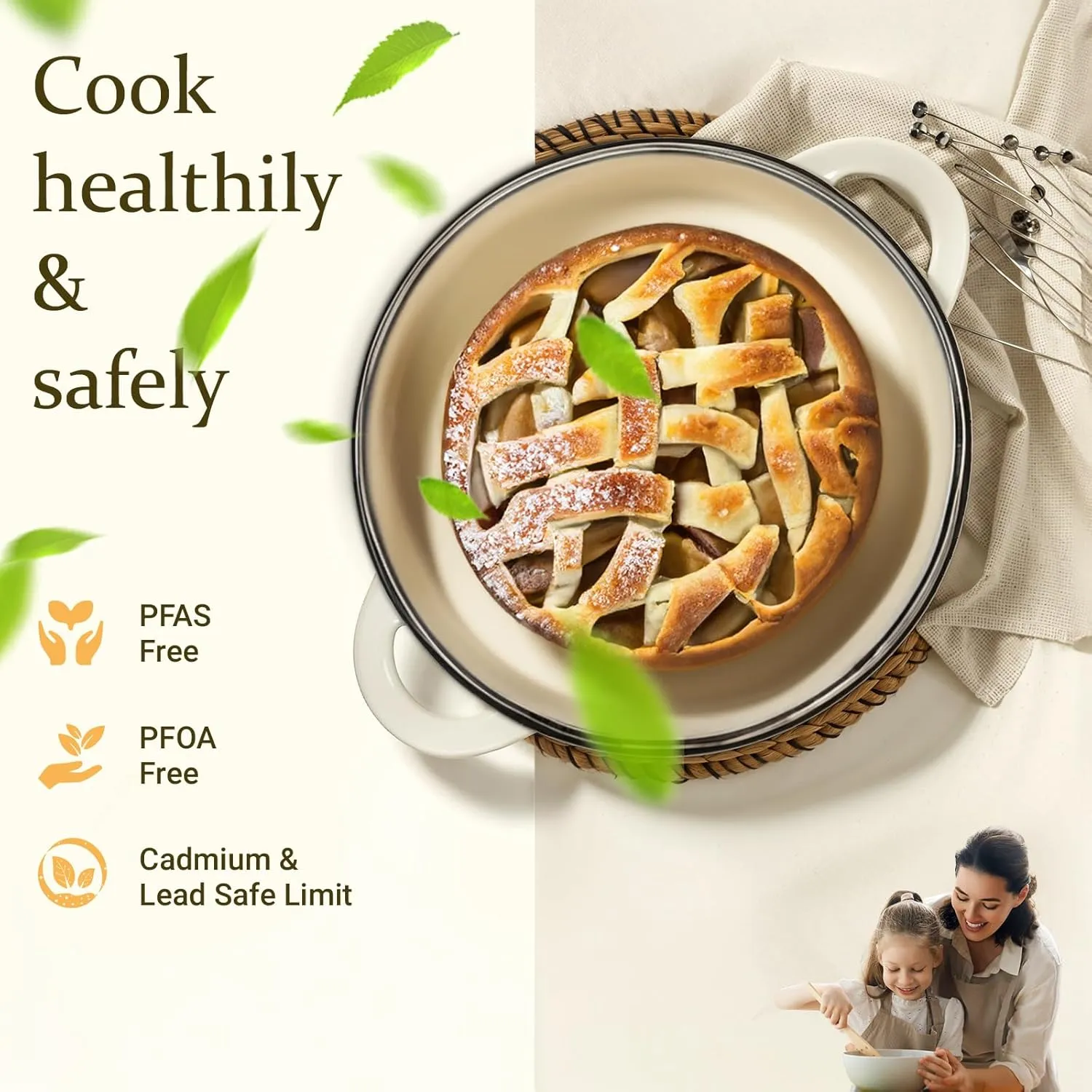 Overmont Enameled Cast Iron Dutch Oven - 7QT Pot with Lid Cookbook & Cotton Potholders - Heavy-Duty Cookware for Braising, Stews, Roasting, Bread Baking white