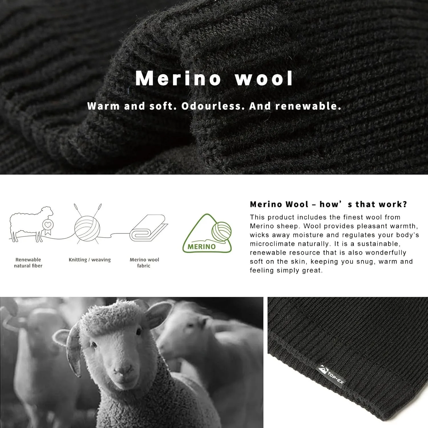 Oversized L/XL/XXL Waterproof Merino Wool Blend Beanie Fleece Lined Knit Hat for All-Weather Winter Warm