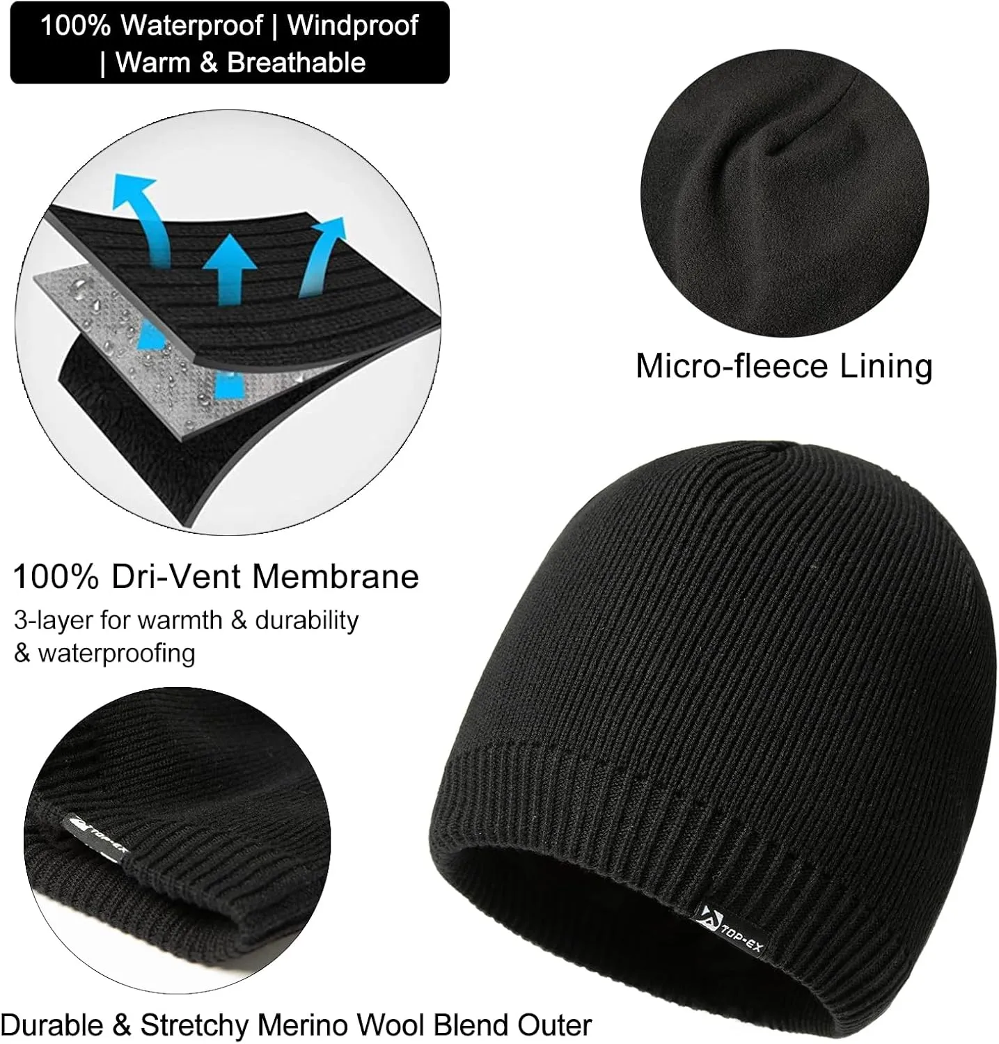 Oversized L/XL/XXL Waterproof Merino Wool Blend Beanie Fleece Lined Knit Hat for All-Weather Winter Warm