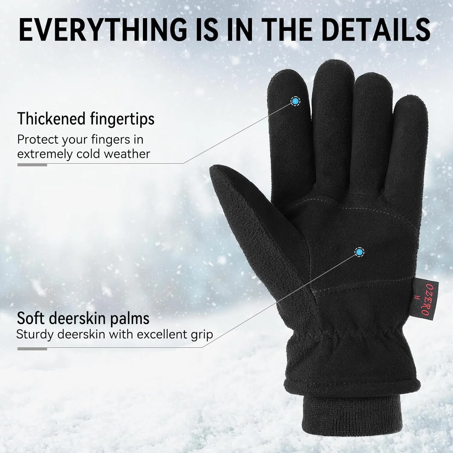 OZERO Men & Women Winter Gloves -30°F Deerskin Leather Water-resistant Windproof Cold Weather Glove for Driving Hiking