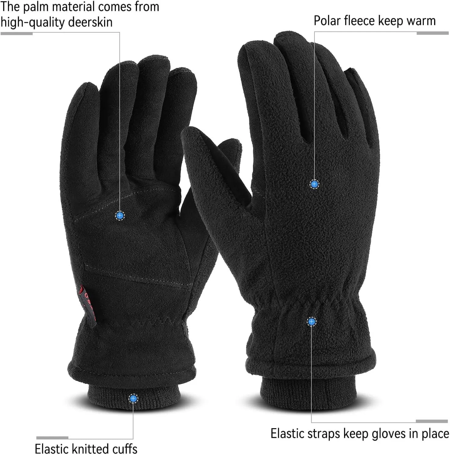 OZERO Men & Women Winter Gloves -30°F Deerskin Leather Water-resistant Windproof Cold Weather Glove for Driving Hiking