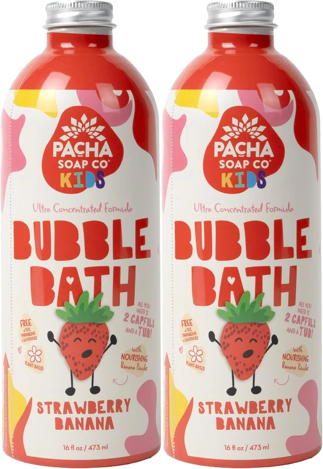 Pacha Soap Co. Kids Bubble Bath, Strawberry Banana, 2 Pack - Make Bathtime Fun & Squeaky Clean, Ultra-Concentrated, Foaming, Plant-Based, Vitamin Rich, Non-Toxic, Tear-Free, Recyclable
