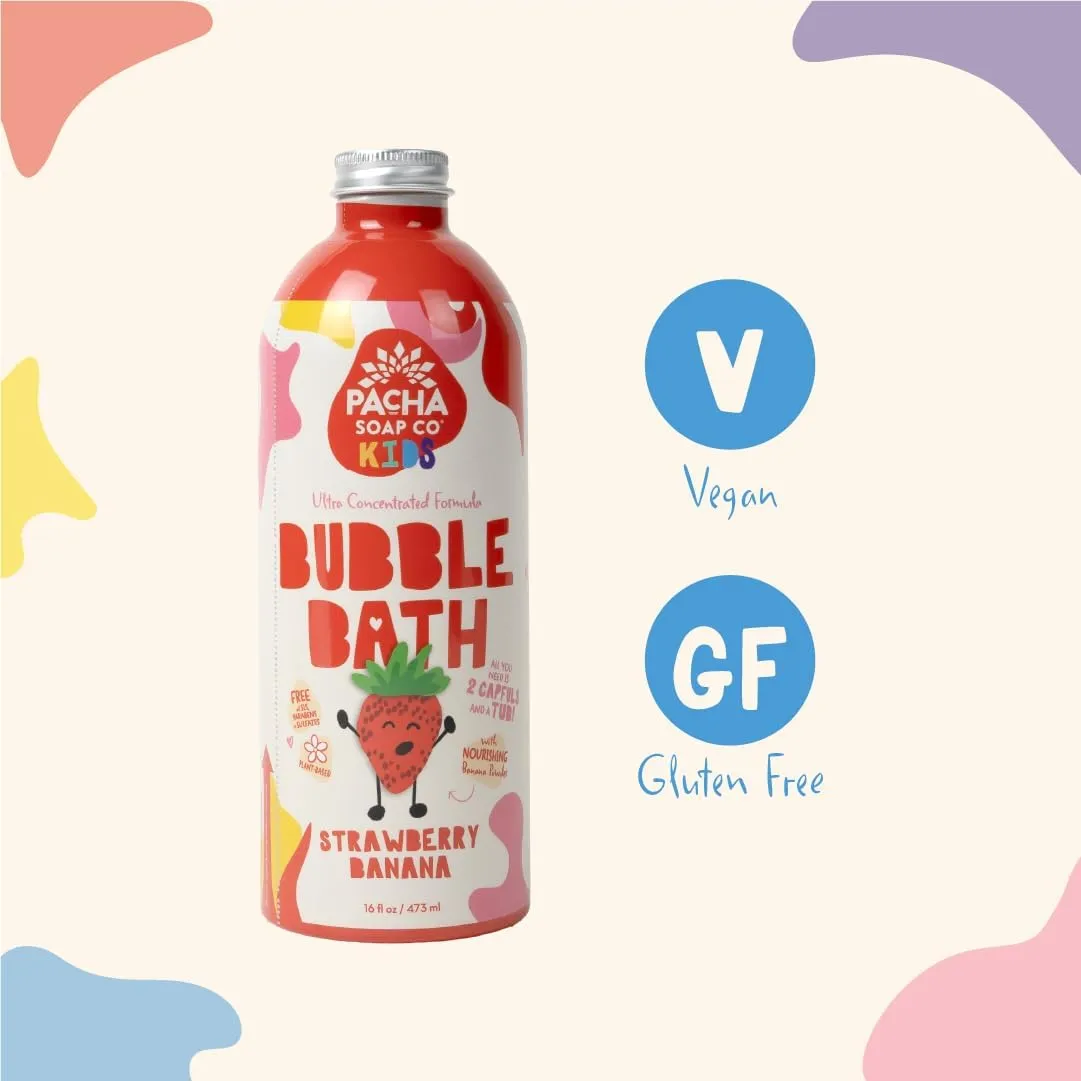 Pacha Soap Co. Kids Bubble Bath, Strawberry Banana, 2 Pack - Make Bathtime Fun & Squeaky Clean, Ultra-Concentrated, Foaming, Plant-Based, Vitamin Rich, Non-Toxic, Tear-Free, Recyclable
