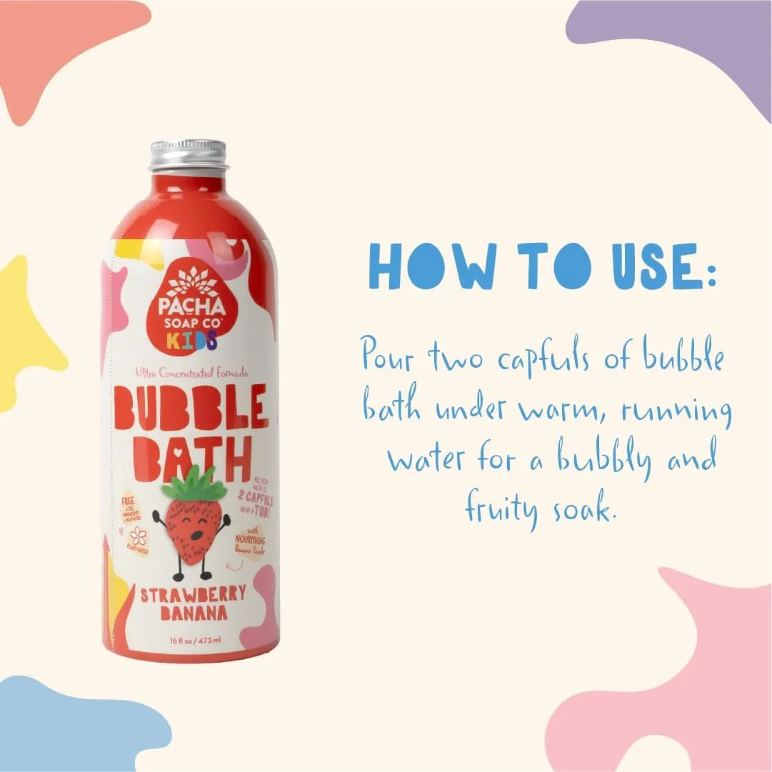 Pacha Soap Co. Kids Bubble Bath, Strawberry Banana, 2 Pack - Make Bathtime Fun & Squeaky Clean, Ultra-Concentrated, Foaming, Plant-Based, Vitamin Rich, Non-Toxic, Tear-Free, Recyclable