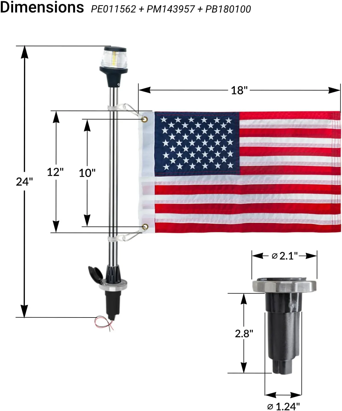 Pactrade Marine Navigation Lights for Boats LED - 24-Inch White LED Stern Light/LED Anchor Light with Removable Flat-Top Base and American Flag 12x18 Inches (250 LM, 2 NM) | Boat Navigation Lights