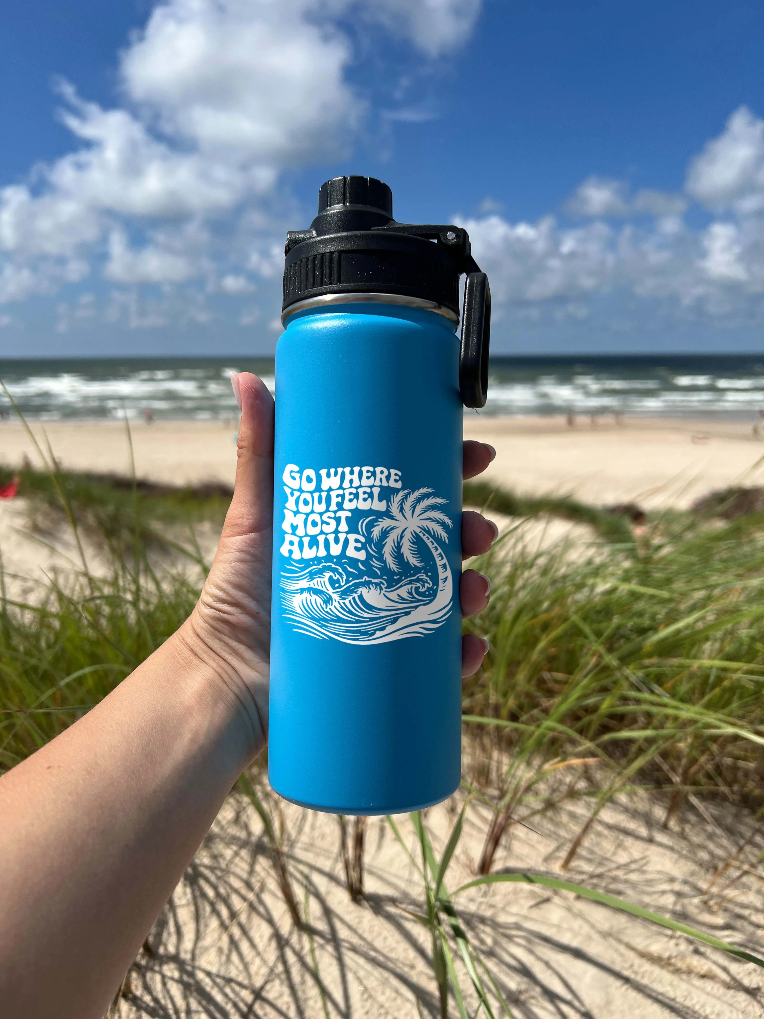 Palm tree and Wave Sports Water Bottle 18/32 oz,  Stainless Steel Insulated Flasks, Custom Water Bottle, Name Bottle,  Keeps Cold 24 Hrs