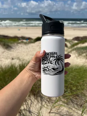 Palm tree and Wave Sports Water Bottle 18/32 oz,  Stainless Steel Insulated Flasks, Custom Water Bottle, Name Bottle,  Keeps Cold 24 Hrs
