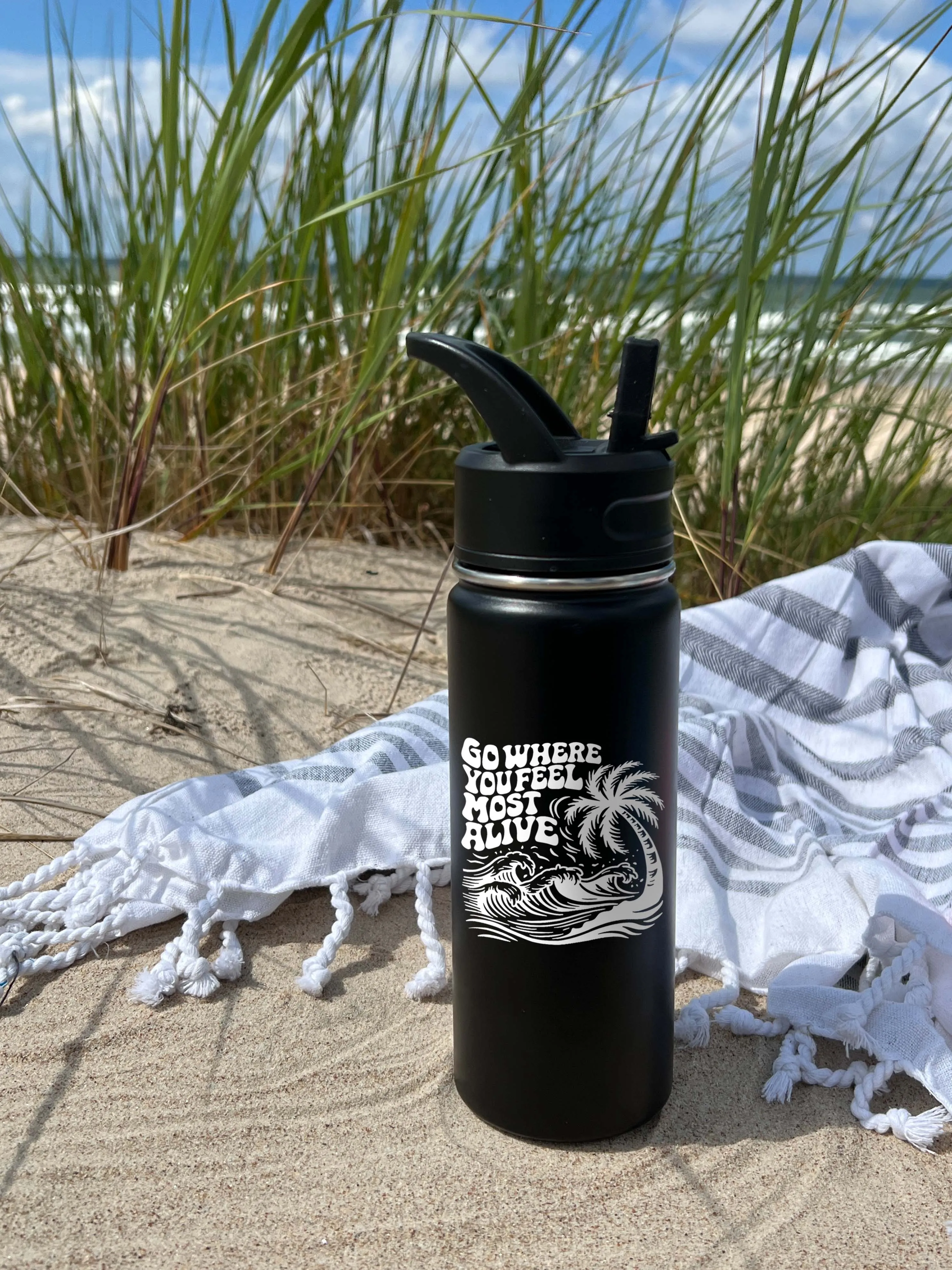 Palm tree and Wave Sports Water Bottle 18/32 oz,  Stainless Steel Insulated Flasks, Custom Water Bottle, Name Bottle,  Keeps Cold 24 Hrs