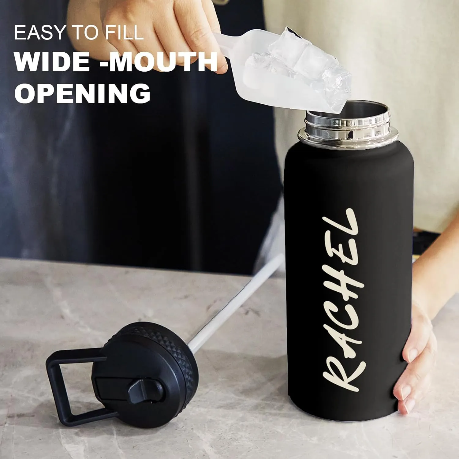 Personalized Custom Water Bottle with Text Photo Print in USA 32oz Double Wall Stainless Steel Leakproof Wide Mouth Cup with Flip Straw