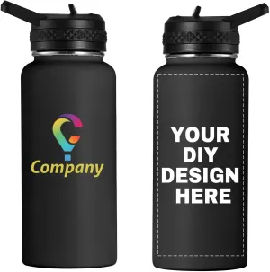 Personalized Custom Water Bottle with Text Photo Print in USA 32oz Double Wall Stainless Steel Leakproof Wide Mouth Cup with Flip Straw