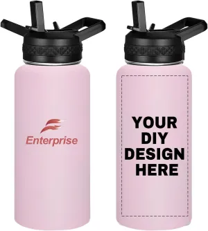 Personalized Custom Water Bottle with Text Photo Print in USA 32oz Double Wall Stainless Steel Leakproof Wide Mouth Cup with Flip Straw