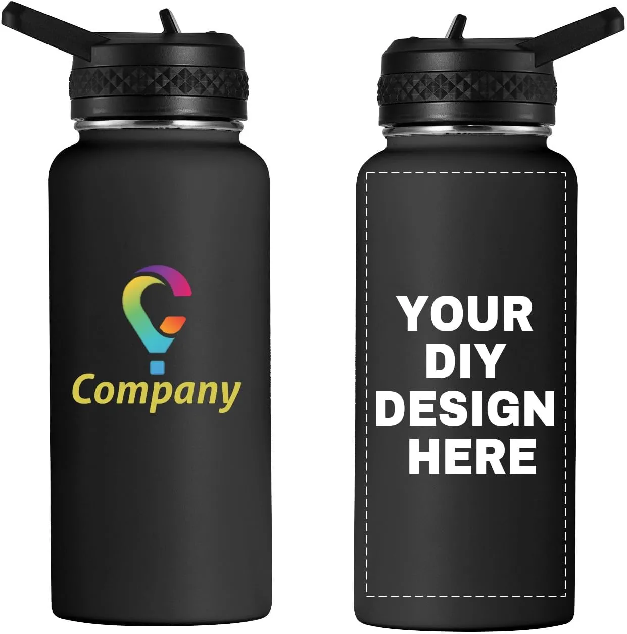 Personalized Custom Water Bottle with Text Photo Print in USA 32oz Double Wall Stainless Steel Leakproof Wide Mouth Cup with Flip Straw