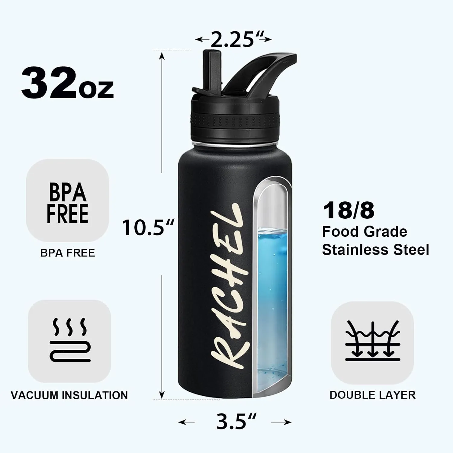 Personalized Custom Water Bottle with Text Photo Print in USA 32oz Double Wall Stainless Steel Leakproof Wide Mouth Cup with Flip Straw