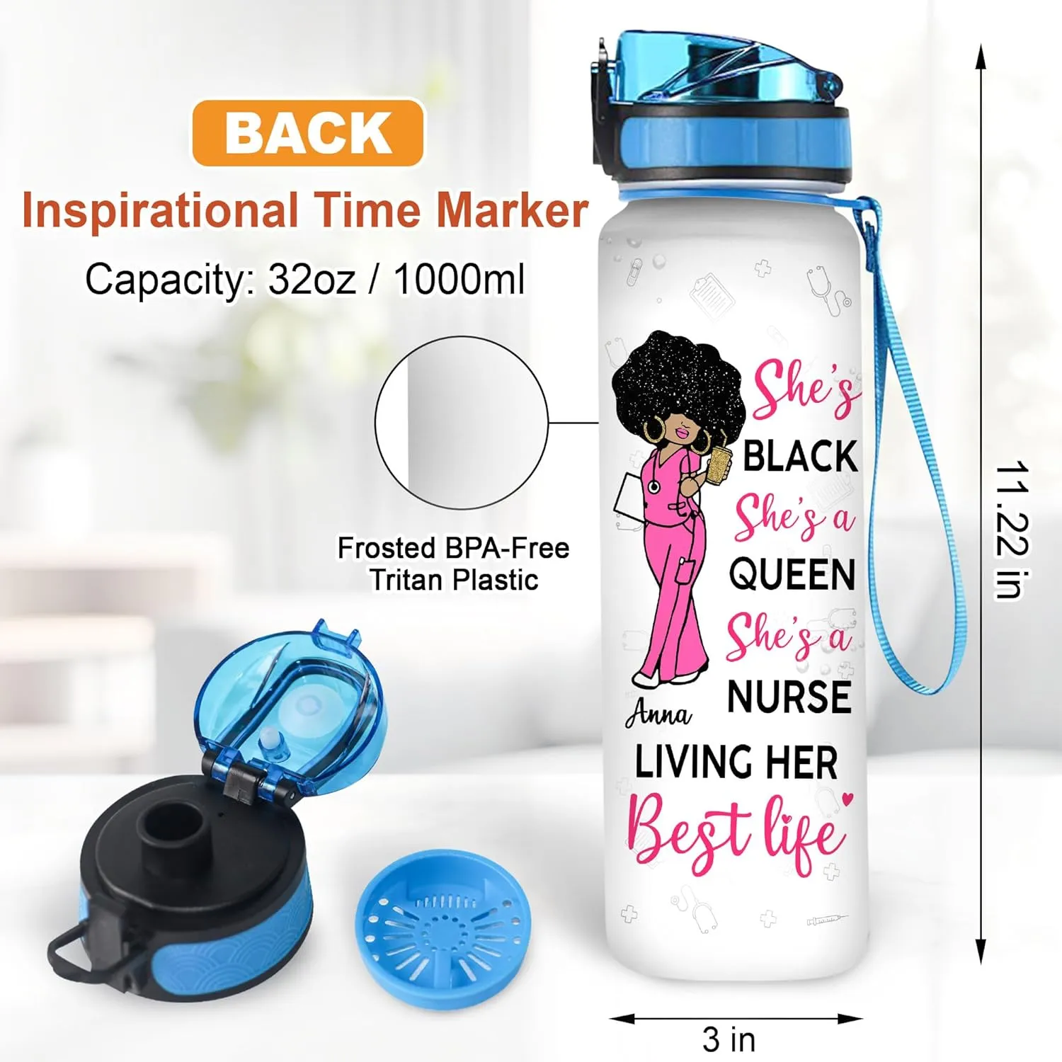 Personalized She Black She's A Queen She's A Nurse 32oz 1Liter Motivational Water Bottle, Customized Name Water Bottle Funny Nurse, Gifts For Nurses Graduation|Appreciation Present For Women Coworker