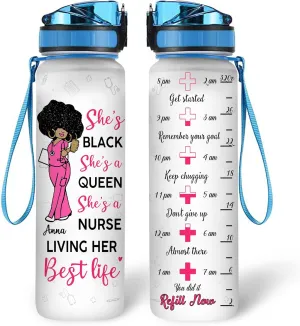 Personalized She Black She's A Queen She's A Nurse 32oz 1Liter Motivational Water Bottle, Customized Name Water Bottle Funny Nurse, Gifts For Nurses Graduation|Appreciation Present For Women Coworker