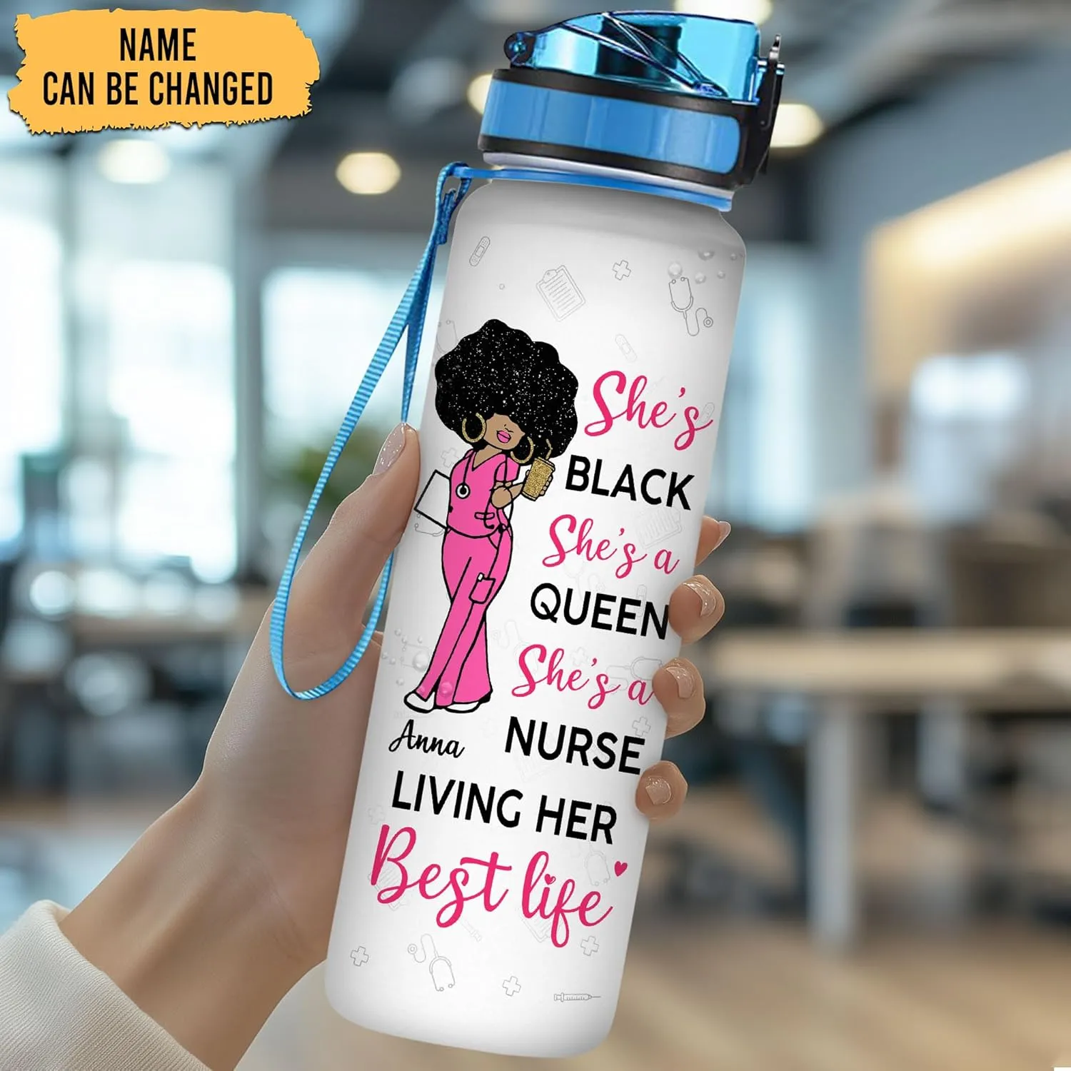 Personalized She Black She's A Queen She's A Nurse 32oz 1Liter Motivational Water Bottle, Customized Name Water Bottle Funny Nurse, Gifts For Nurses Graduation|Appreciation Present For Women Coworker