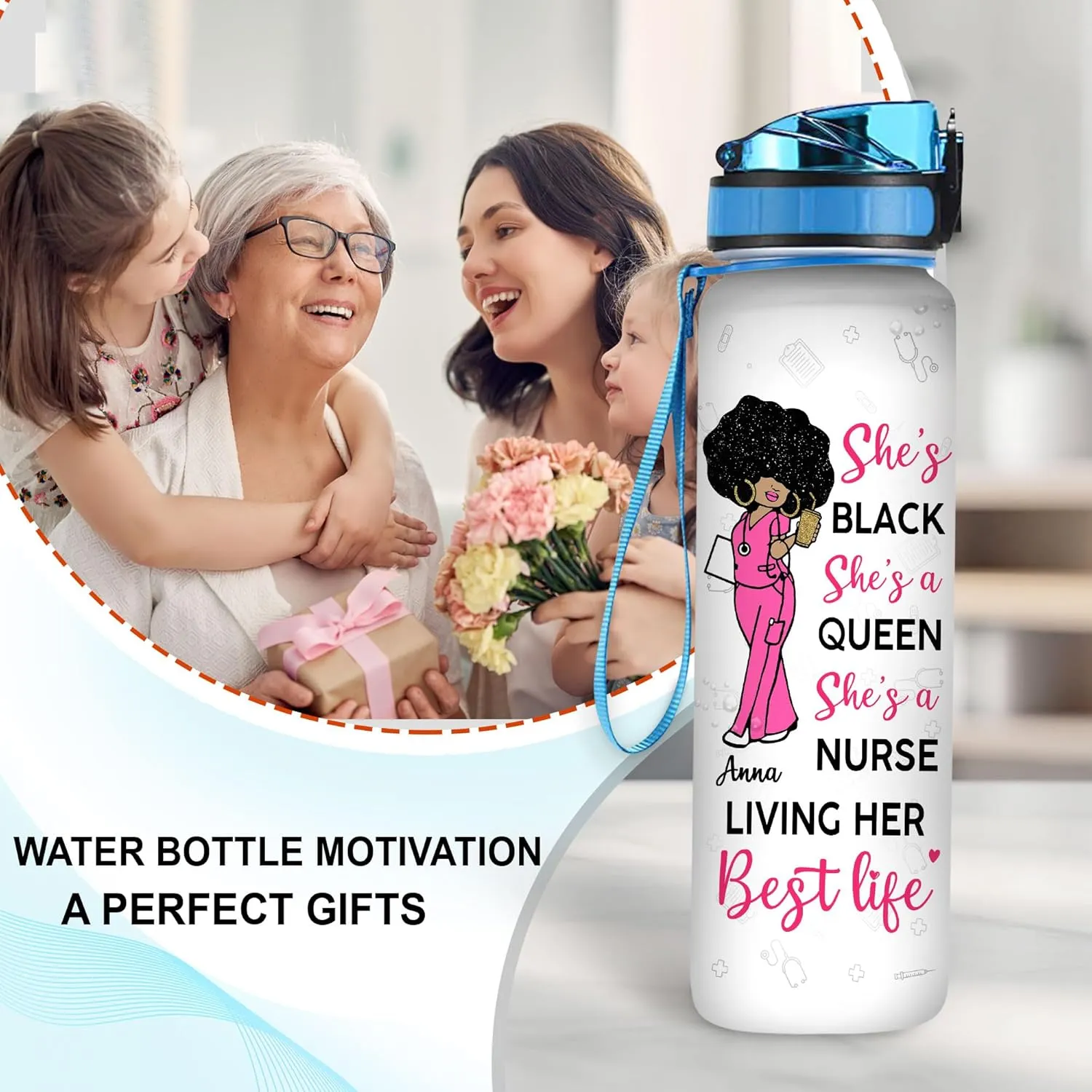 Personalized She Black She's A Queen She's A Nurse 32oz 1Liter Motivational Water Bottle, Customized Name Water Bottle Funny Nurse, Gifts For Nurses Graduation|Appreciation Present For Women Coworker