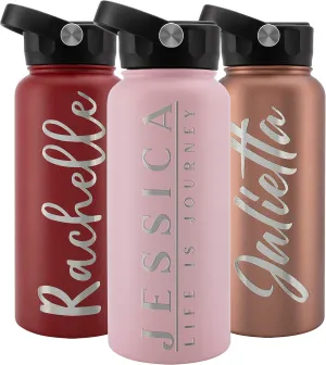 Personalized Water Bottle w Straw Lid Double Wall Insulated | 32 oz - 12 Font - Pink | 9 Color Custom Water Bottle w Name and Text, BPA Free - Non Sweat - Vacuum Insulated