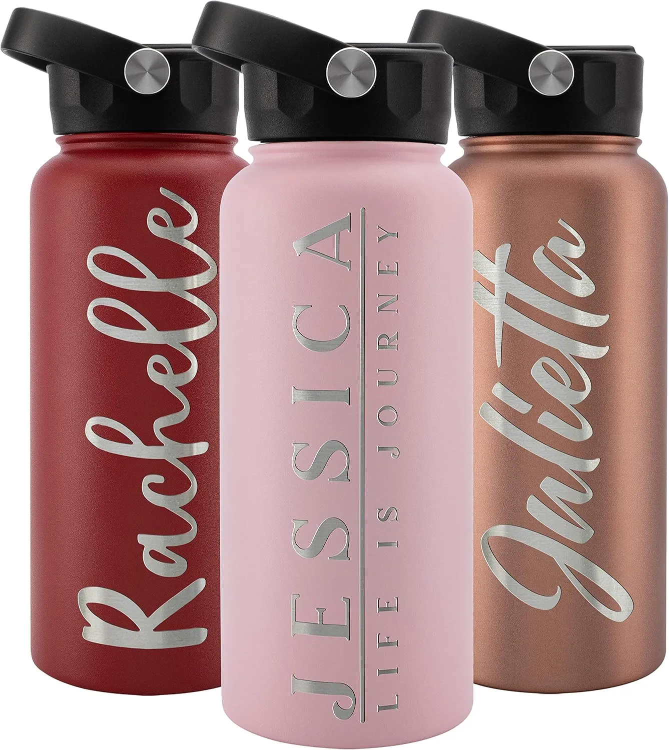 Personalized Water Bottle w Straw Lid Double Wall Insulated | 32 oz - 12 Font - Pink | 9 Color Custom Water Bottle w Name and Text, BPA Free - Non Sweat - Vacuum Insulated