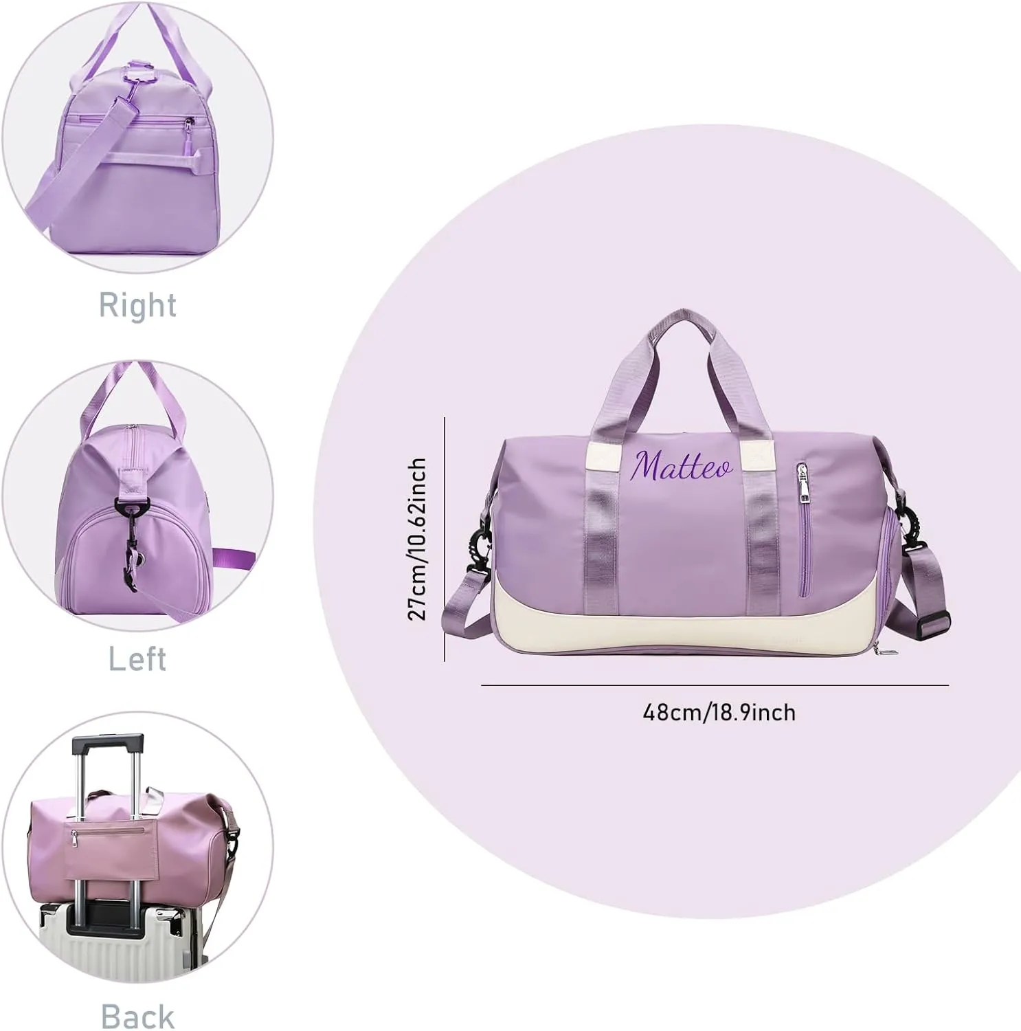 Personalized Waterproof Duffle Bag - Custom Embroidered Multi-Use Gym & Travel Backpack with Shoe Compartment, Trolley Sleeve - Unisex Weekender Bag for Sports, Swimming, Hospital & Overnight (Purple)