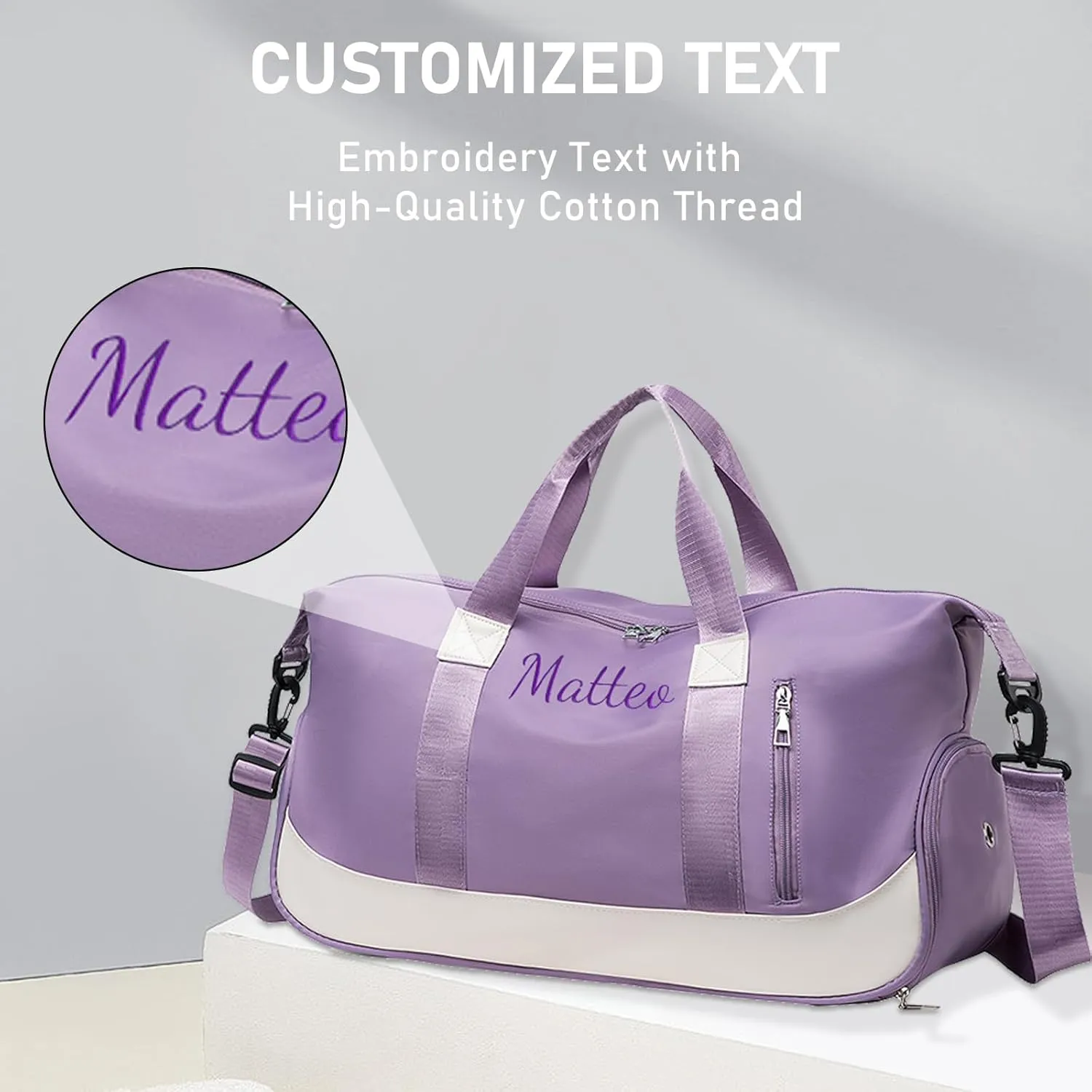 Personalized Waterproof Duffle Bag - Custom Embroidered Multi-Use Gym & Travel Backpack with Shoe Compartment, Trolley Sleeve - Unisex Weekender Bag for Sports, Swimming, Hospital & Overnight (Purple)