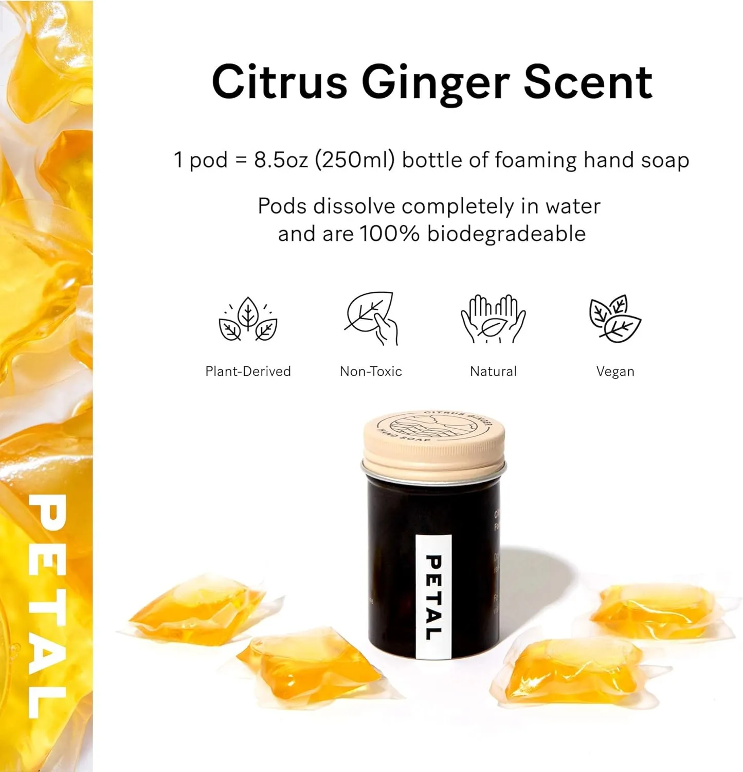 Petal Foaming Soap Dispenser with Hand Soap Refills - Zero Waste Hand Soap Dispenser - Natural Soap - Vegan - Cruelty Free - Made in the USA - (8.5oz) - (4ct) - (Citrus Ginger, Silver (Aluminum))