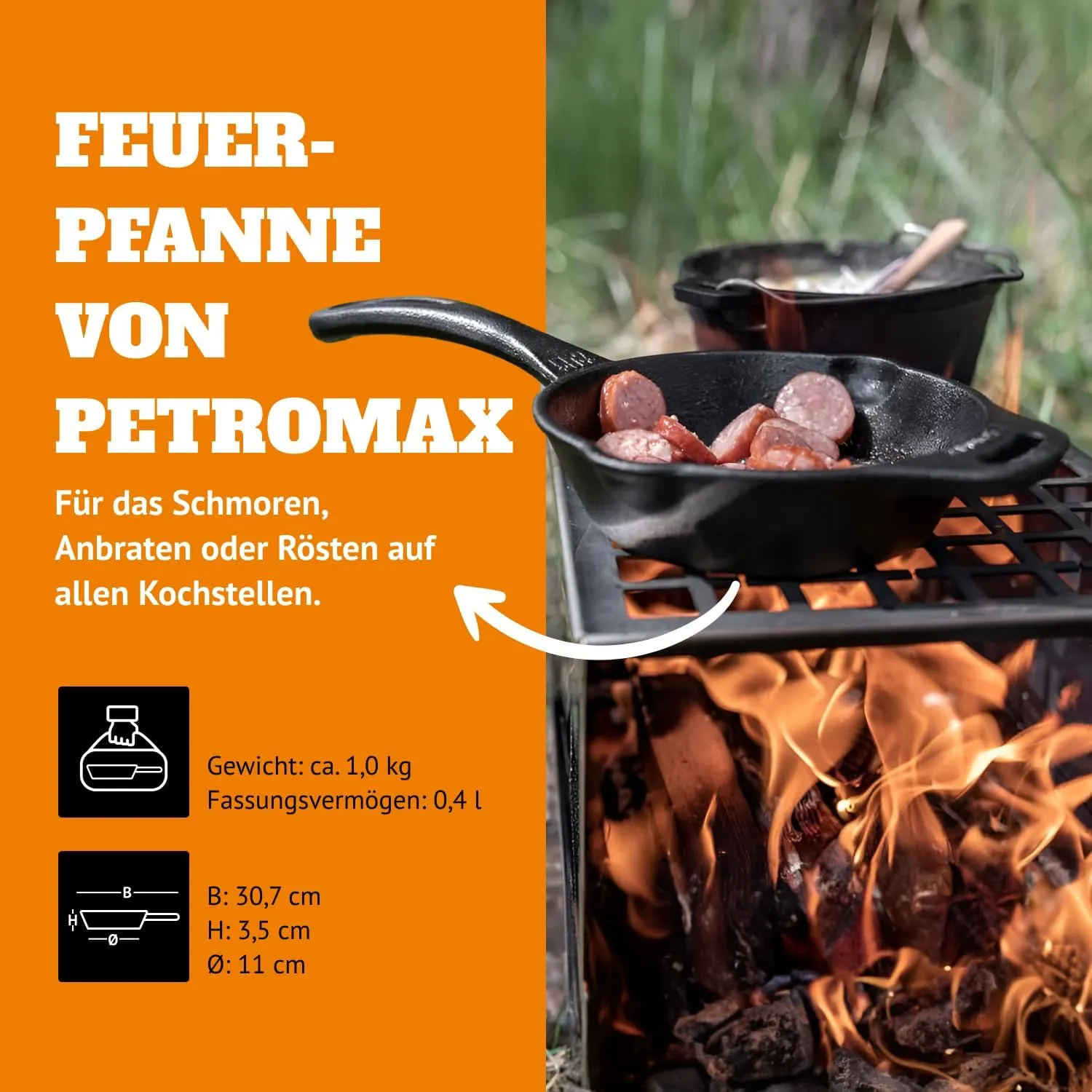 Petromax Cast Iron Fire Skillet for Kitchen or Camping, Pre-Seasoned Cookware for Campfire or Home Oven and Stove, Conducts Heat Evenly, Long Handle, 12"