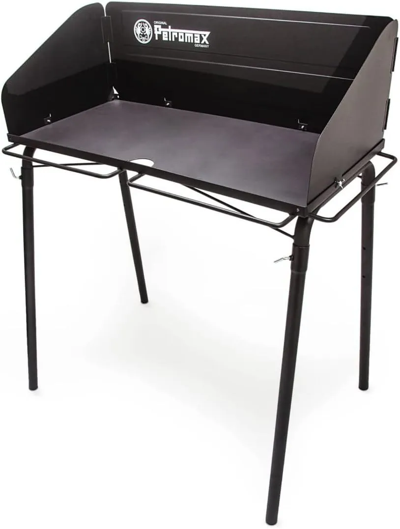 Petromax Outdoor Cooking Table for Dutch Ovens, Steel Camping Cookware Stand with Windbreak and Hooks, Holds Up to 220 Pounds, 17.7" x 35.4"