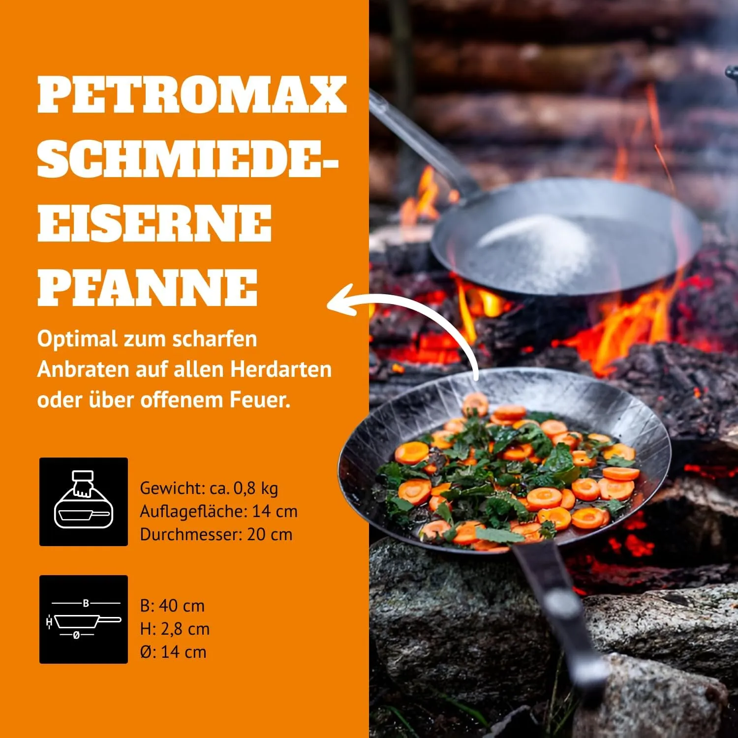 Petromax Wrought Iron Skillet, Long Handle Pan Conducts Heat Evenly, Indoor/Outdoor Camping Cookware for Campfire or Home Kitchen Use, Stove to Table Serveware