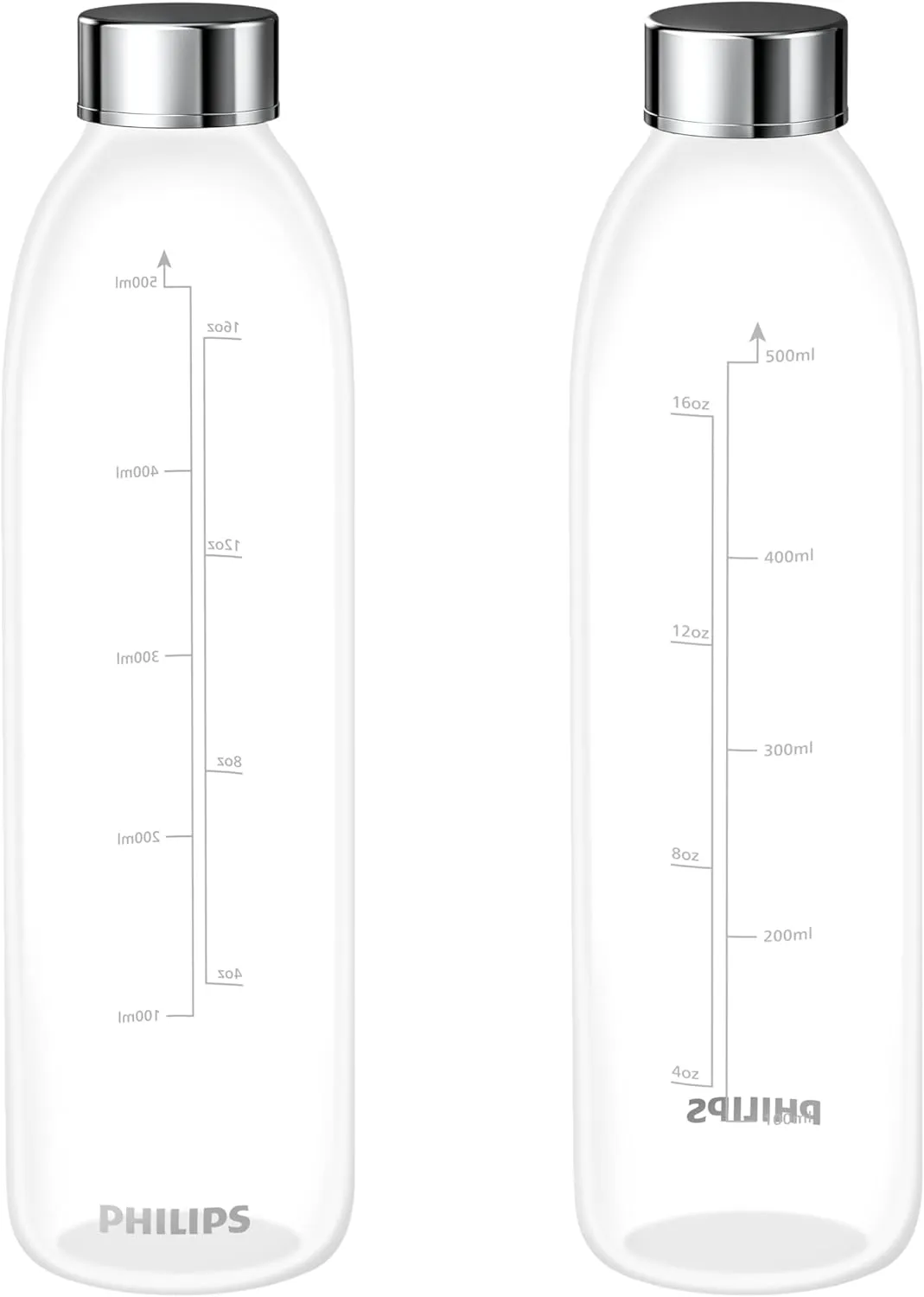 PHILIPS Glass Water Bottles, Reusable Clear Glass bottles with Lids, Stainless Steel Cap Juice Bottles BPA Free Food Grade & Leakproof Travel Bottles for Juice, Refrigerator, 16.9 Oz, 2 Pack